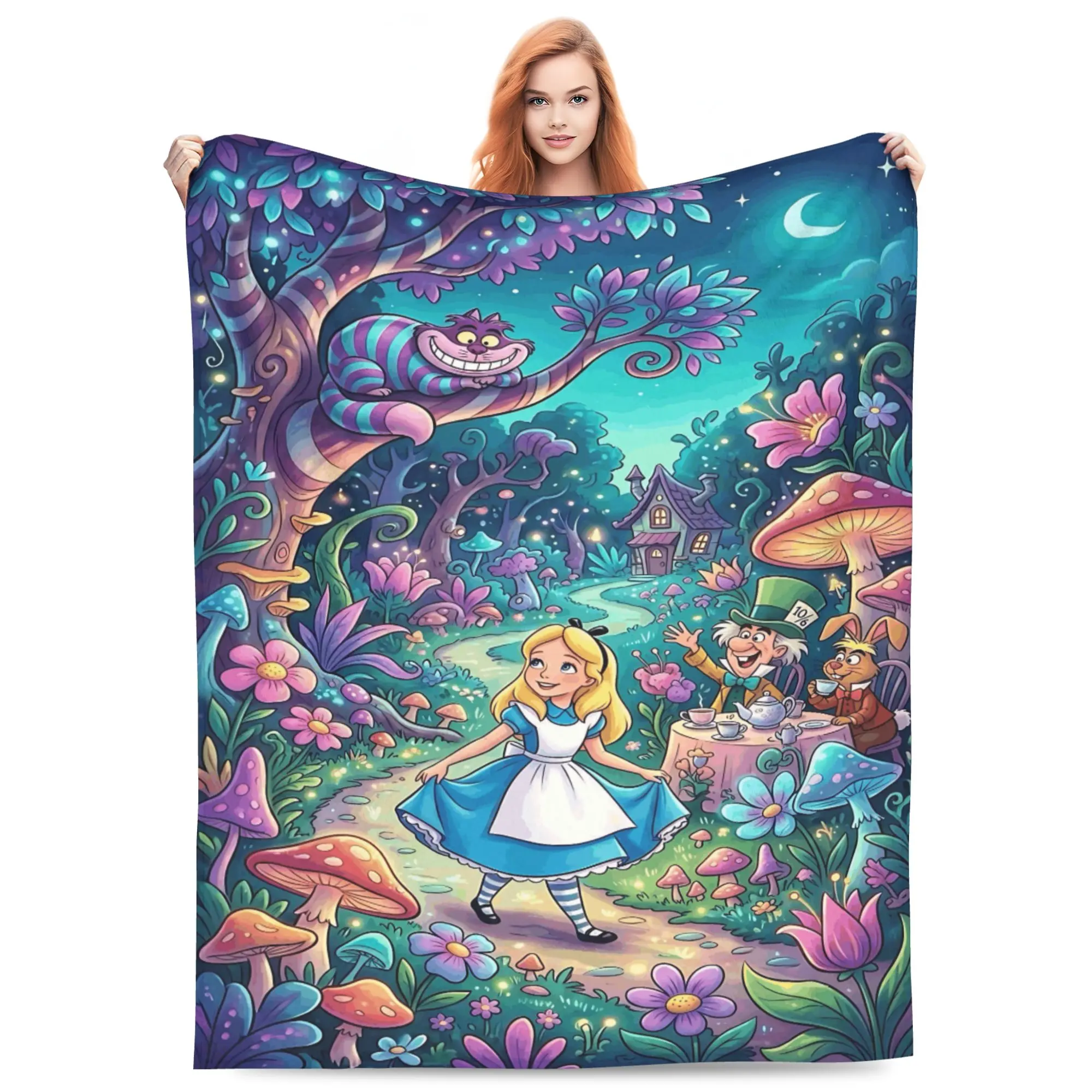 DISNEY CLASSIC Alice in Wonderland Throw Blanket, Alice Cheshire Cat Mad Hatter March Hare Mushroom Night Forest Print Flannel Fleece Blanket, Soft Lightweight Cozy Blanket for Sofa Bed Bedroom, Fantasy Gift for Girls Kids Fairy Tale Fans