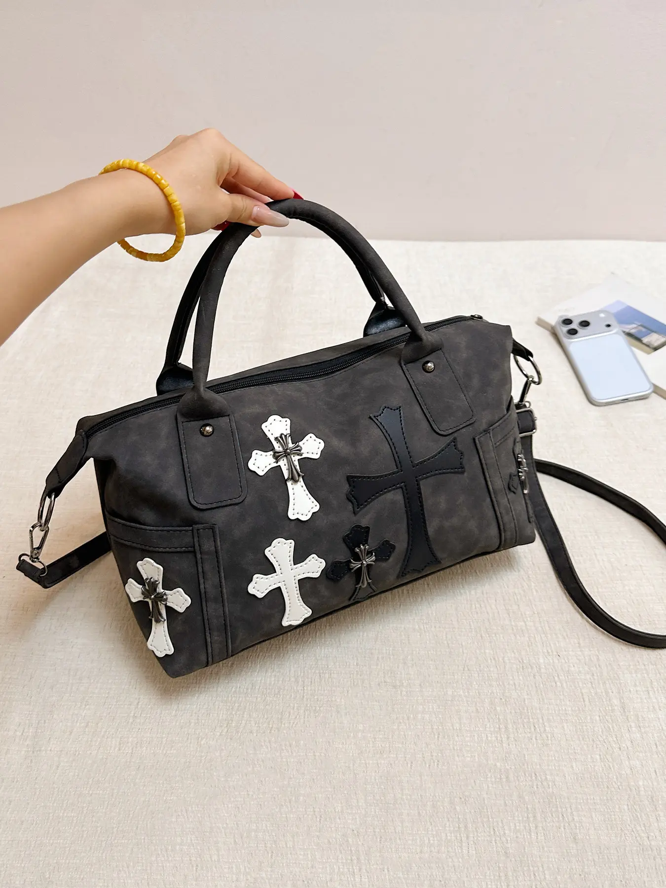 Vintage distressed cross Gothic Boston bag, casual and fashionable detachable crossbody strap large capacity easy-to-match shoulder crossbody bag