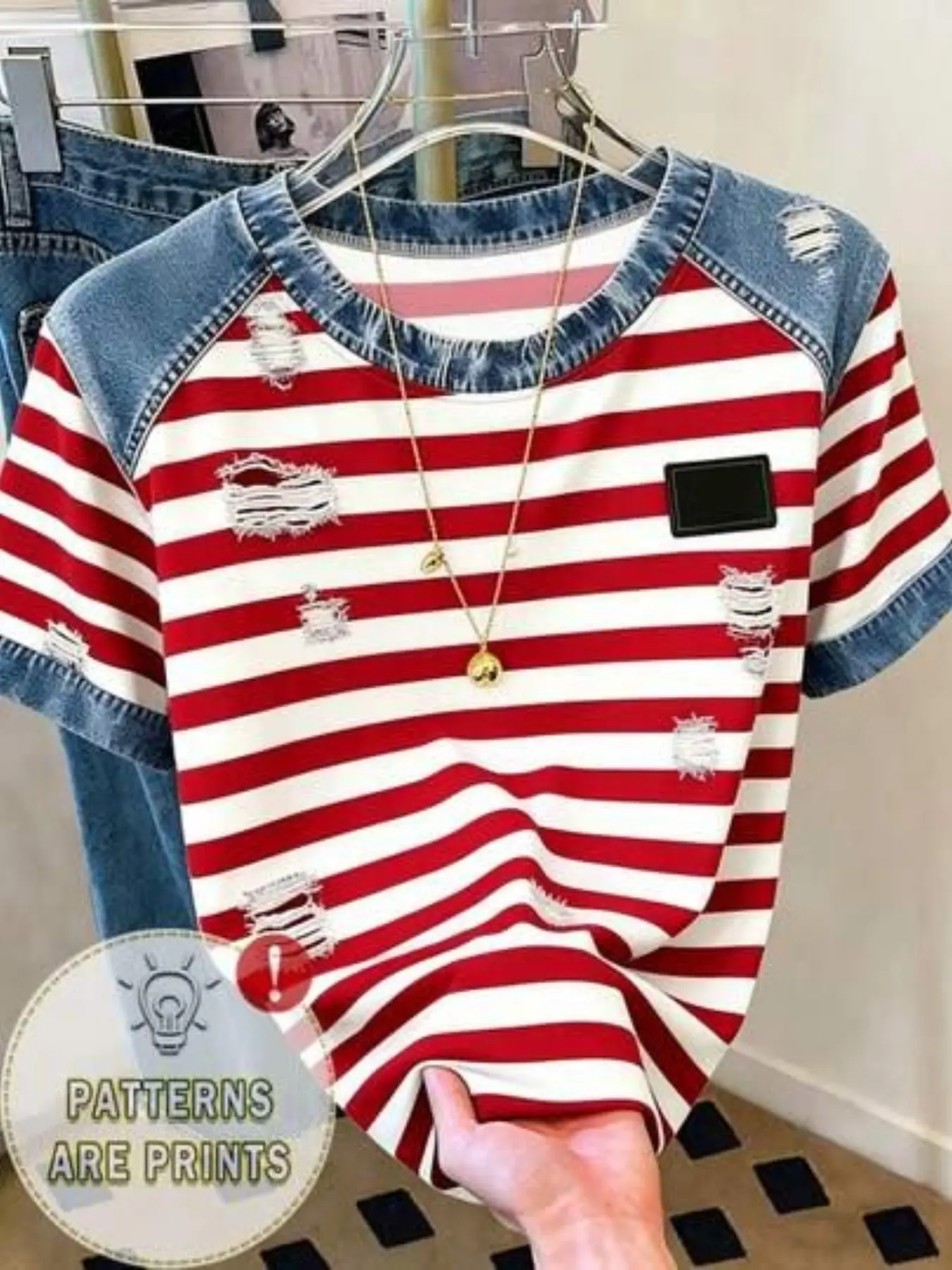 American Vintage Striped Short Sleeve T-Shirt, Digital Print Ripped Patchwork, Casual Style, All Seasons, Slim-Fit, Unlined