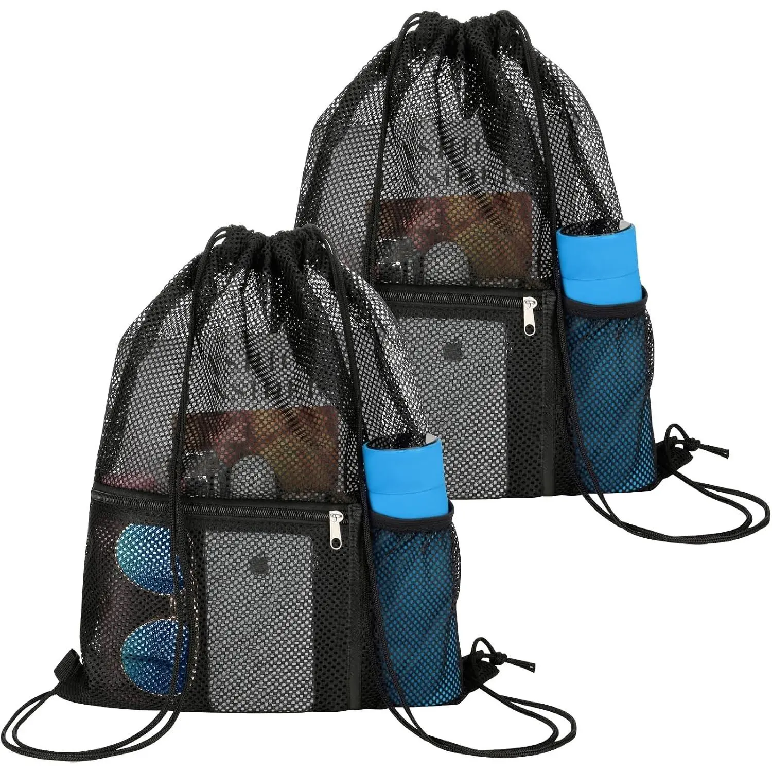 2-Pack Mesh Drawstring Backpack Bags, Multi-Purpose Gym Sack for Swimming, Sports, Beach, Laundry, Travel, Black(Gift)