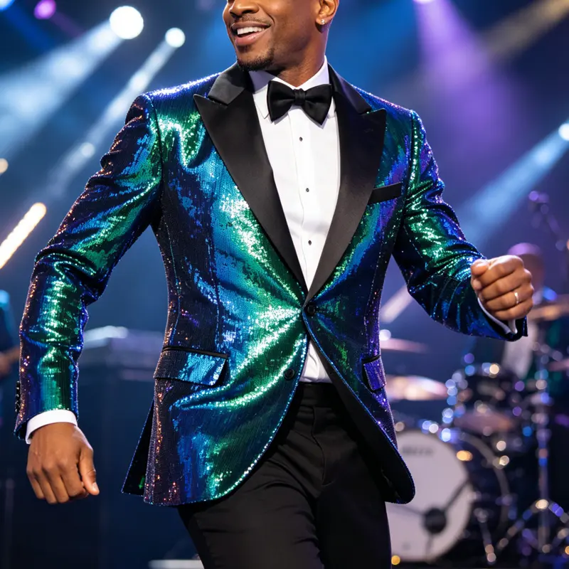Men's Slim-Fit All-Over Colorful Sequin Tuxedo Blazer - 1-Button Shiny Suit Jacket for New Year's Eve, Prom Coat Dress