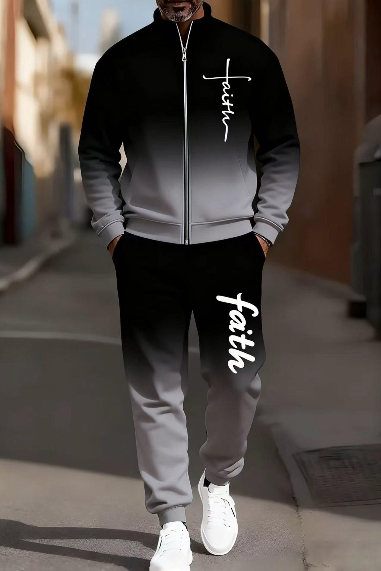 Men's fashionable and casual sportswear featuring a gradient digital print, including a stand-up collar cardigan jacket and pants, making it a two-piece set suitable for daily casual wear and trendy gradient sportswear series, Sporty Style Breathable Acti