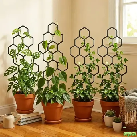4-Pack Plastic Honeycomb Plant Sticks, Rust-Resistant Geometric Frame Climbing Support, Space Saver Indoor Plant Accessories for Potted Vines, Indoor/Outdoor Gardening Supply