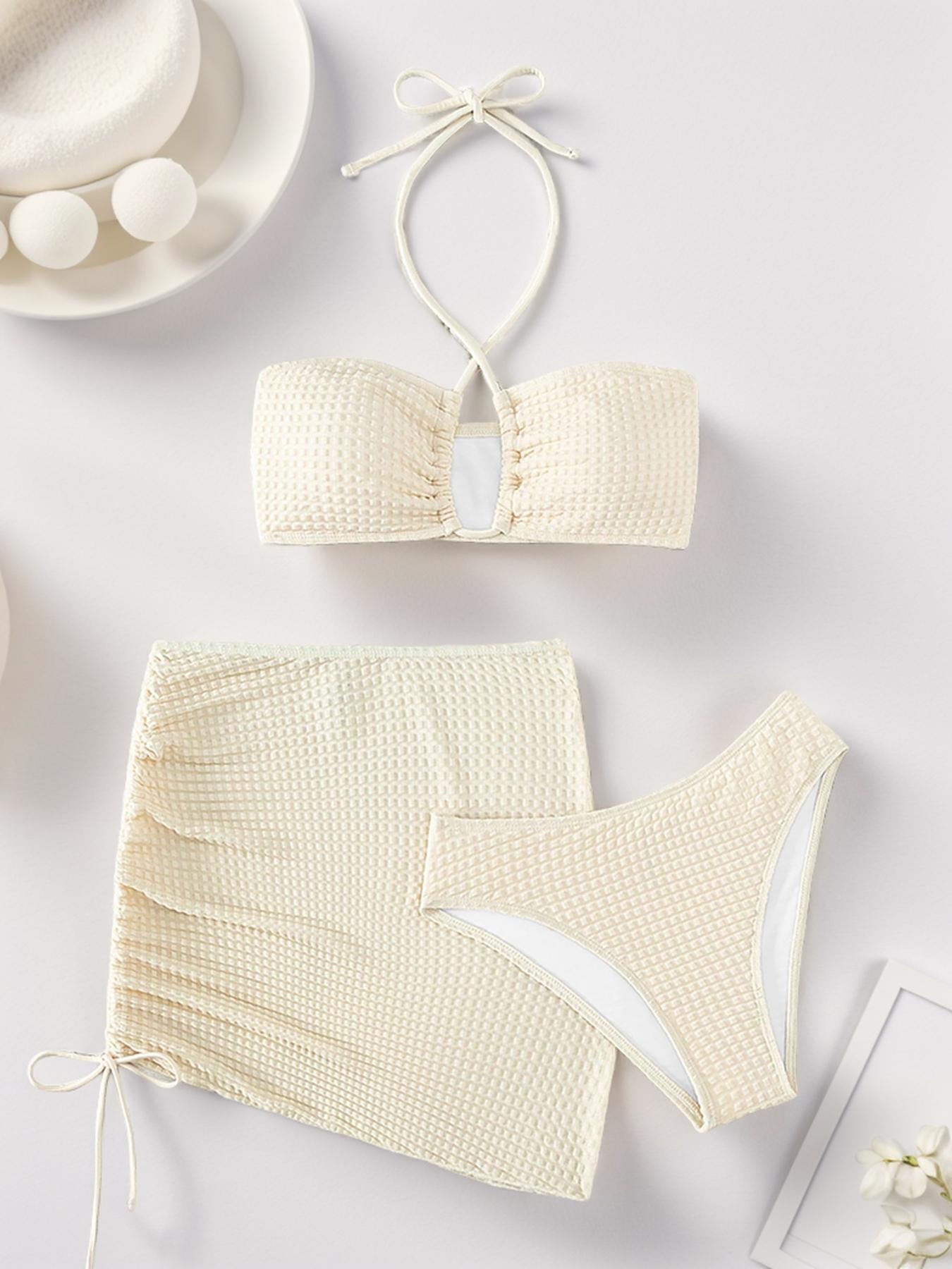 Women's 3pcs Solid Criss Cross Halter Tie Back Bra & High Cut Panty & Drawstring High Waist Sheer Skirt Swimsuit Set, Textured Swim Bra & Swim Panty & Swim Skirt, Summer Beach Party Swimwear Set for Women, Bikini Swimsuit