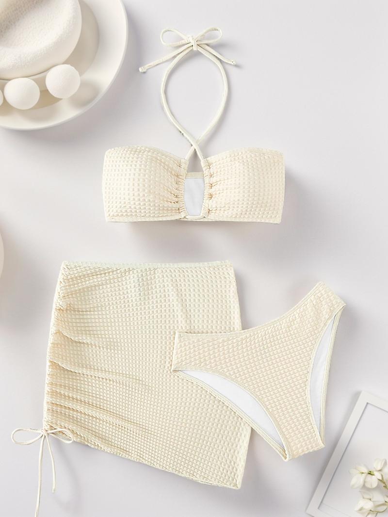 Women's 3pcs Solid Criss Cross Halter Tie Back Bra & High Cut Panty & Drawstring High Waist Sheer Skirt Swimsuit Set, Textured Swim Bra & Swim Panty & Swim Skirt, Summer Beach Party Swimwear Set for Women, Bikini Swimsuit
