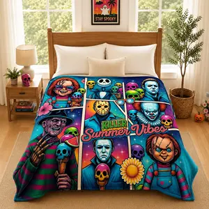 Horror Movie Icons Killer Summer Vibes Grid Throw Blanket - Classic Slasher & Halloween Character Comic Panel Prints, Bright Graffiti Art Style Flannel Blanket, Machine Washable, Multi-Scene Use, Unique Gift for Horror Film Fans