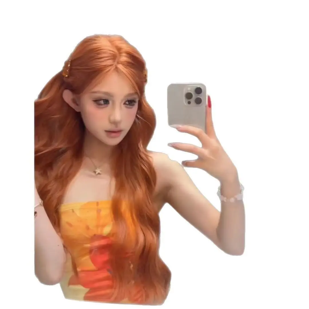 Koni Women’s Wig – Long Hair, Natural New Style, Orange Brown, Internet‑Famous, Long Curly Big Waves, Center Part, Brightening Effect, Full Head Coverage