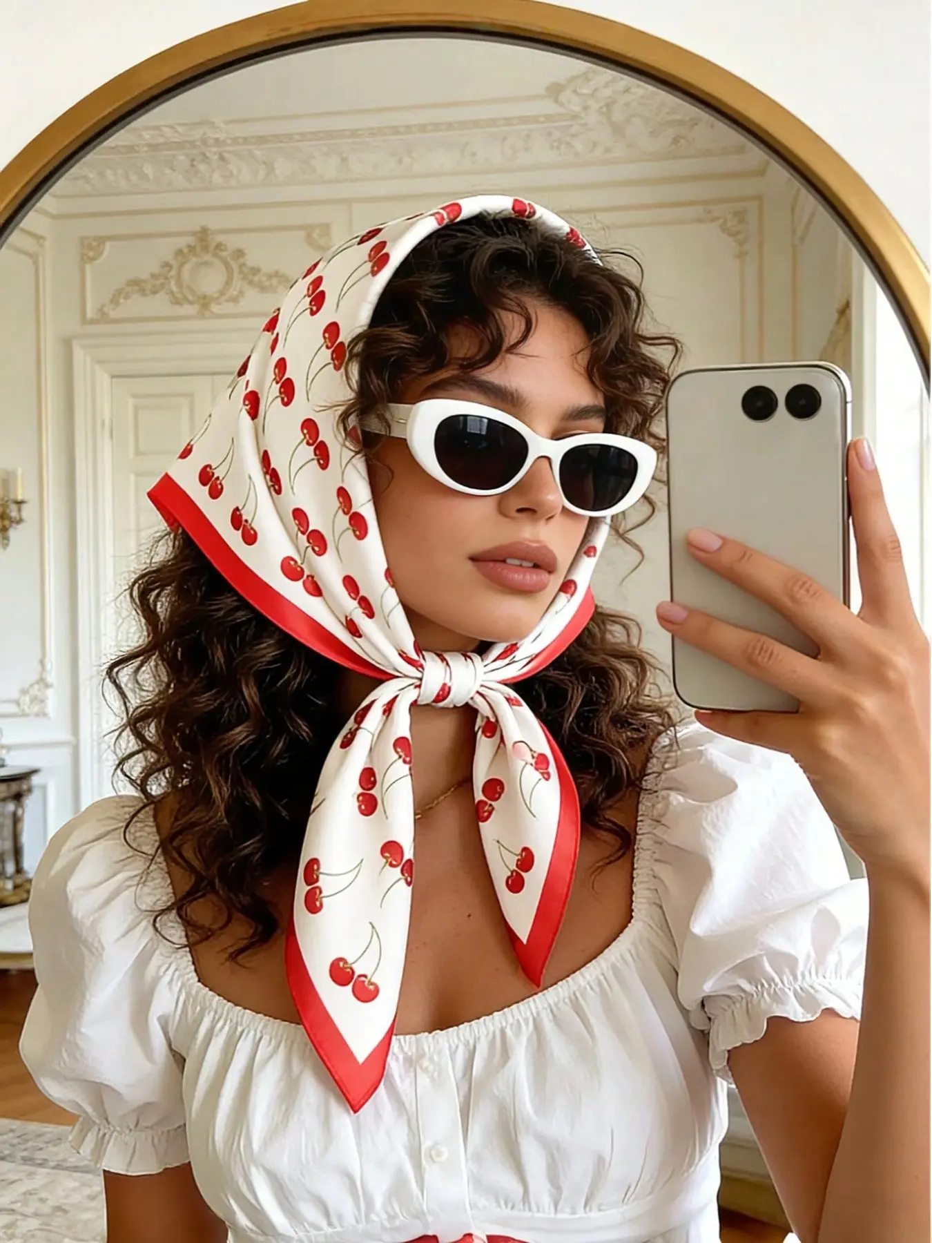 Cherry Print 70cm Scarf for Women, Versatile Waist Belt, Packaging Decoration, Fashion Silk Scarf, Hairband, Valentine's Day Accessory, Fashion Hair Scarves
