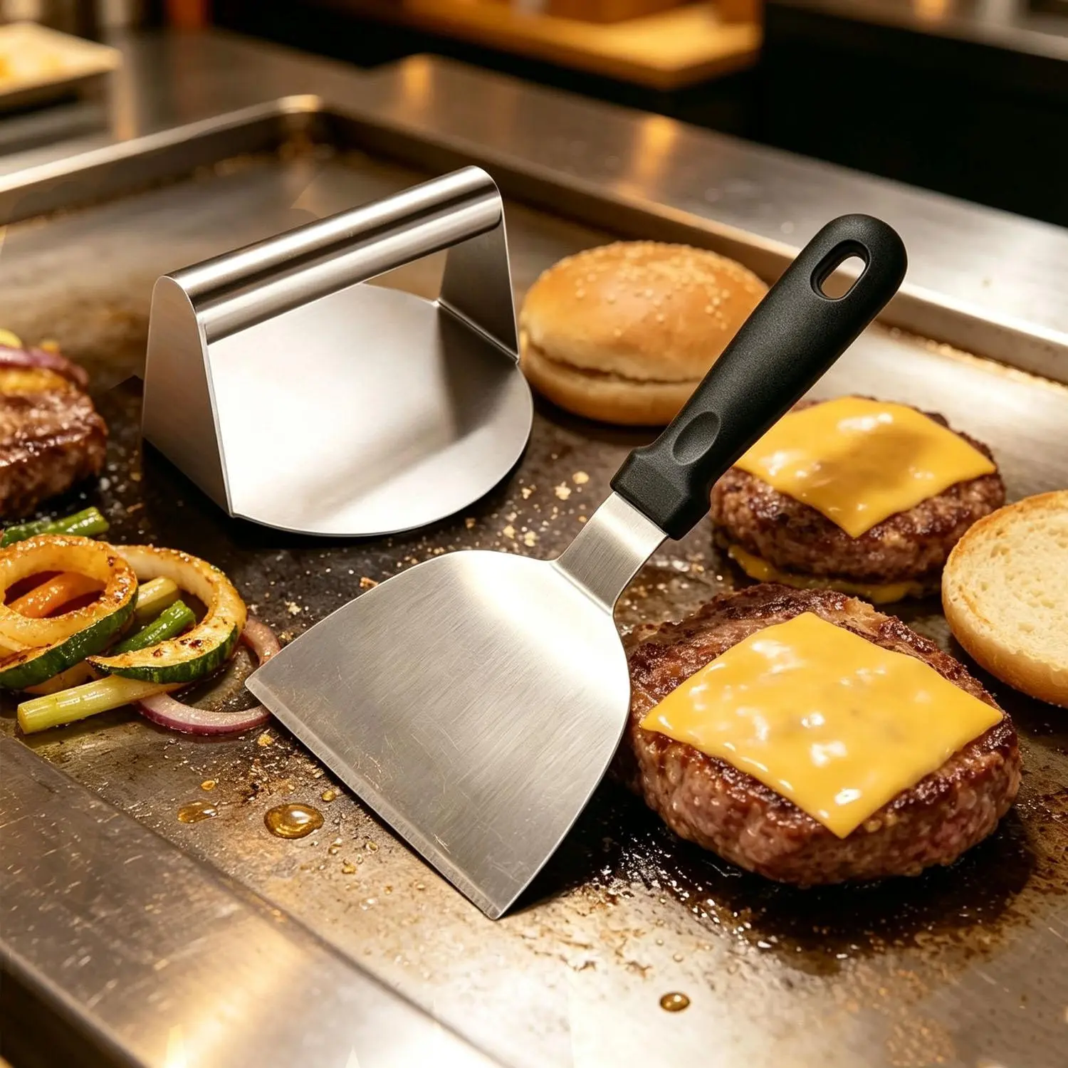 Stainless Steel Burger Press & Griddle Spatula Utensils | Makes Juicy Beef Patties, Great for BBQ, Camping & Steak Cooking