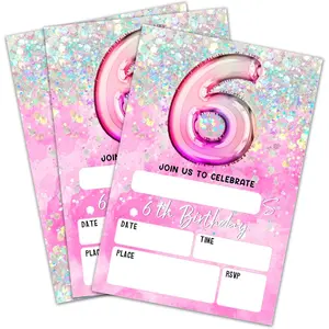 Holographic Balloons Double-Sided Fill In 6Th Birthday Invitation Cards With Envelopes Glitter Pink 6 Years Old Invites For Girls Teen Party Favor & Supplies