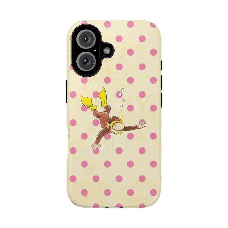 Cute Cartoon Monkey Tough Phone Case, Curious Georgeee, Fun Pink Animal Design Protective Phone Cover for Girls & Kids, Protective Cover, Pink Tone Case iPhone 17 Air 16 Promax 15 Plus 14 13 12 11.MFL22