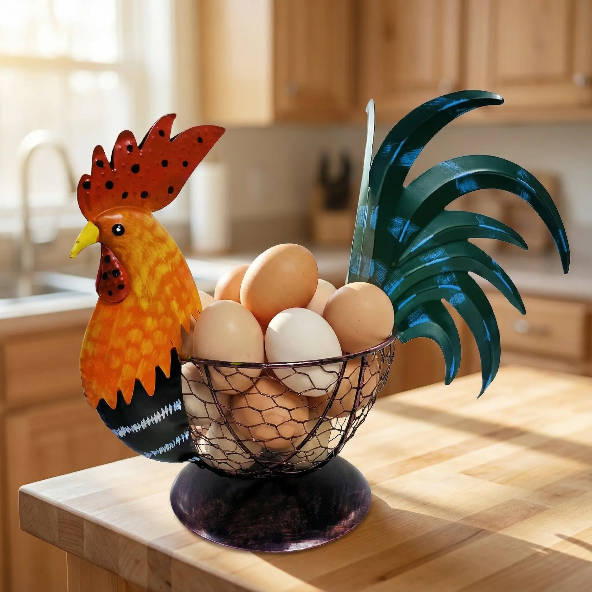 Farmhouse Rustic Multicolor Chicken Wire Metal Egg Basket, Vintage Rooster Ornament, Cute Fruit Basket for Kitchen & Home, Rustic Wire Baskets