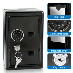 Black mini metal safe with dual protection function of key and password, designed to be sturdy and fall proof, no need for power supply, large storage capacity, safe and practical piggy bank, safe, portable safe, home security safe