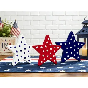 4th of July Table Decorations 3 PCS, Fourth of July Red White Blue Wooden Star Decor Centerpiece for Indoor Home, 250th Anniversary Memorial Day Patriotic Gift Sign for Mantel Office Tiered Tray Party