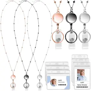 3 count Lanyard Necklace for Id Badges, Beaded Badge Lanyards with  Id Card Holders, Stainless Steel Badge Chain with Retractable Badges Reel Clips for Adults, Nurse, Teacher