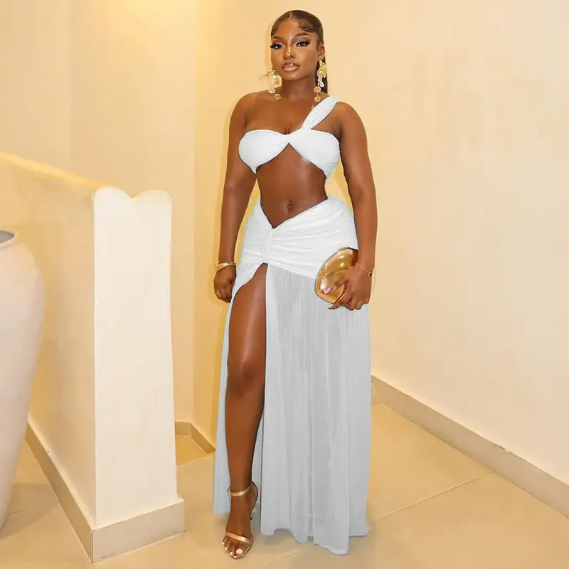 Women's Solid Color Vacation Crop Top Skirt Set with Slit, Bodycon, Bandeau, One-Shoulder Two-Piece Fashion Outfit