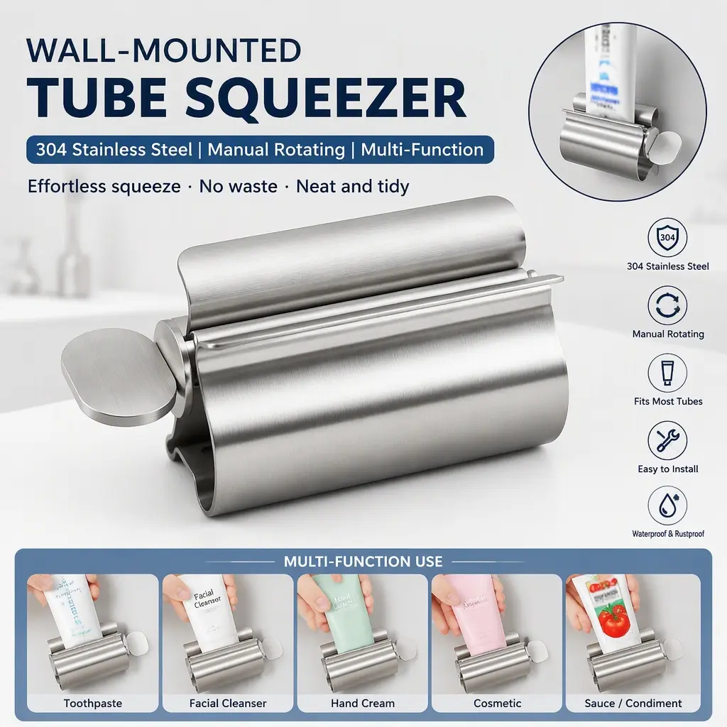 304 Stainless Steel Toothpaste Squeezer, Manual Rotating Tube Dispenser for Toothpaste & Facial Cleanser, Bathroom Home Accessory