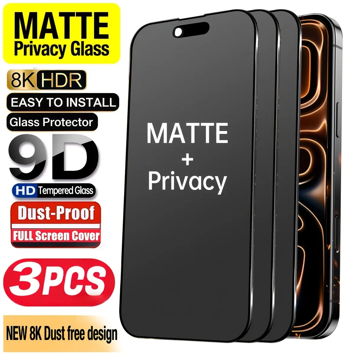 3-Pack 9D Full Screen Matte Anti-Spy Tempered Glass Film for iPhone 17/16/15/14/13/12/11 Pro Max, 8k HD Dust-Proof Anti-Glare Fingerprints Resistance