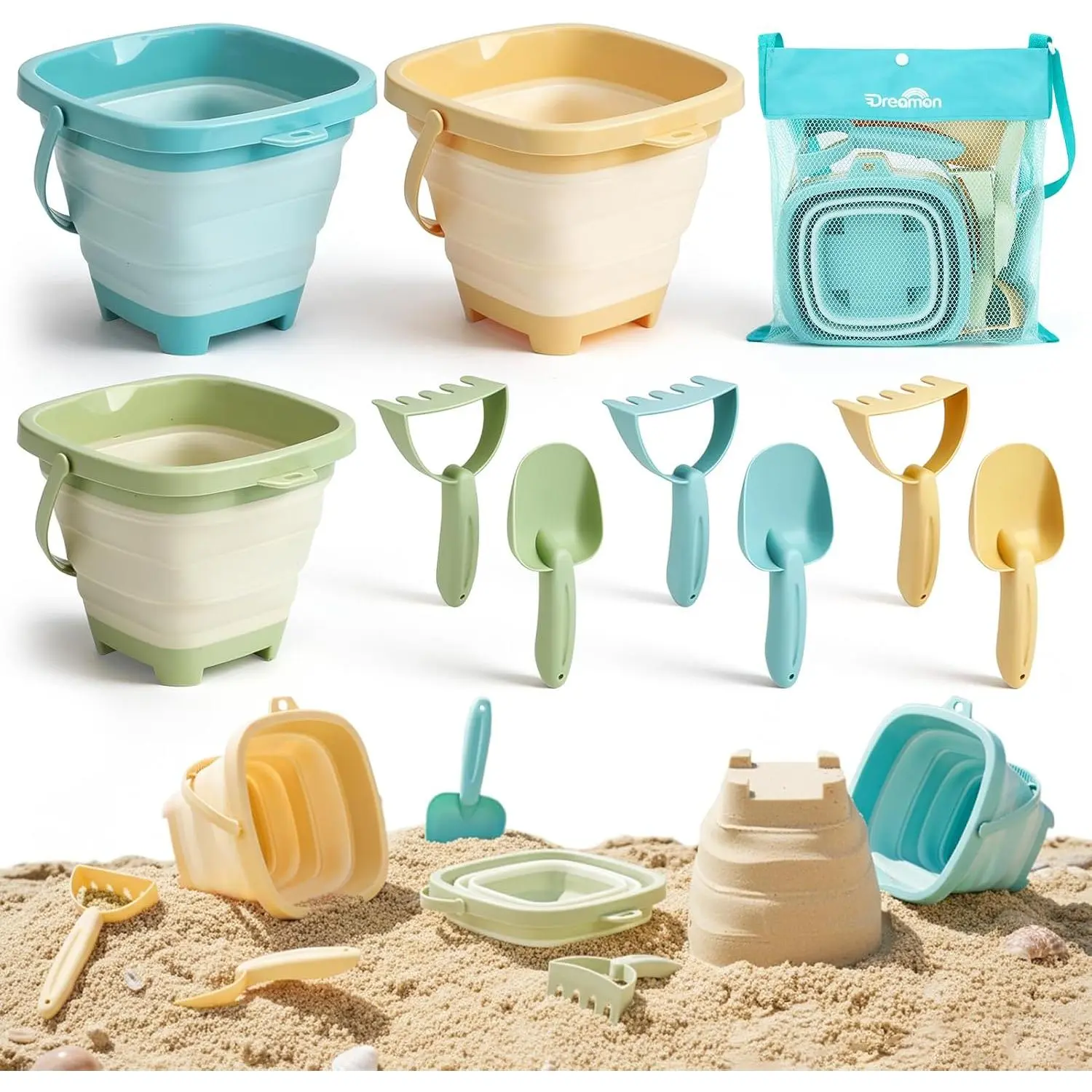 Beach Toys, 3 Pack Collapsible Sand Buckets for Kids, Shovels & Rakes Set with Mesh Bag, Kids Beach Essentials Sandcastle Building Kit for Beach Trip Outdoor Play and Summer Fun