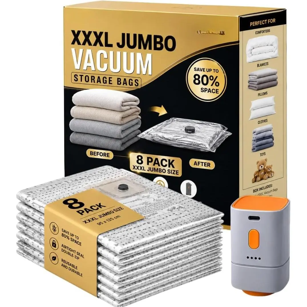 Vacuum Storage Bags  XXXL 8 Pack (37.5×49.2 In) with Electric Pump, Thick Space Saver Bags, Double Zipper Airtight Seal,  Vacuum Compression Bags for Clothes, Bedding, Comforters Pillows