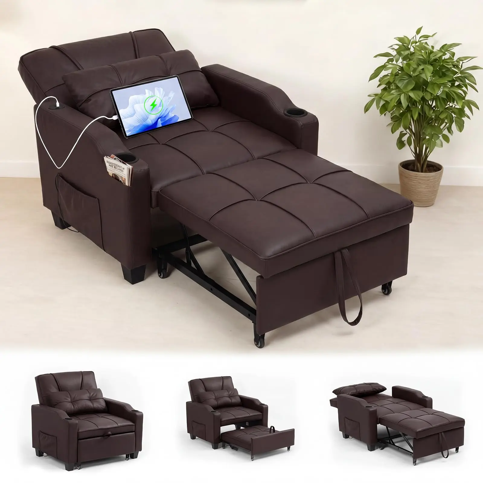 Sleeper Chair Pull Out Bed, 4-in-1 Convertible Sofa Chair with Vibration Massage, USB/Type-C Port, Cup Holders & Side Pocket for Small Spaces