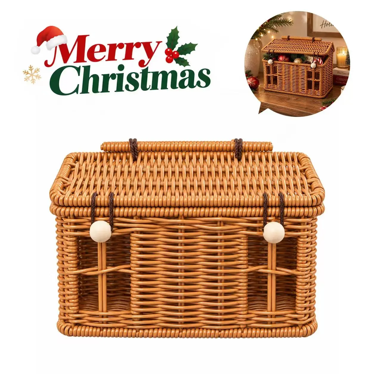 Woven House-Shaped Picnic Basket with Handle & Lid, Rattan Storage Basket for Home Decor, Christmas Gift Box & Daily Organizer
