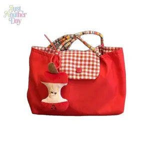 Red Gingham Tote Bag with Apple Core Plush Charm, Kawaii Canvas Shoulder Bag