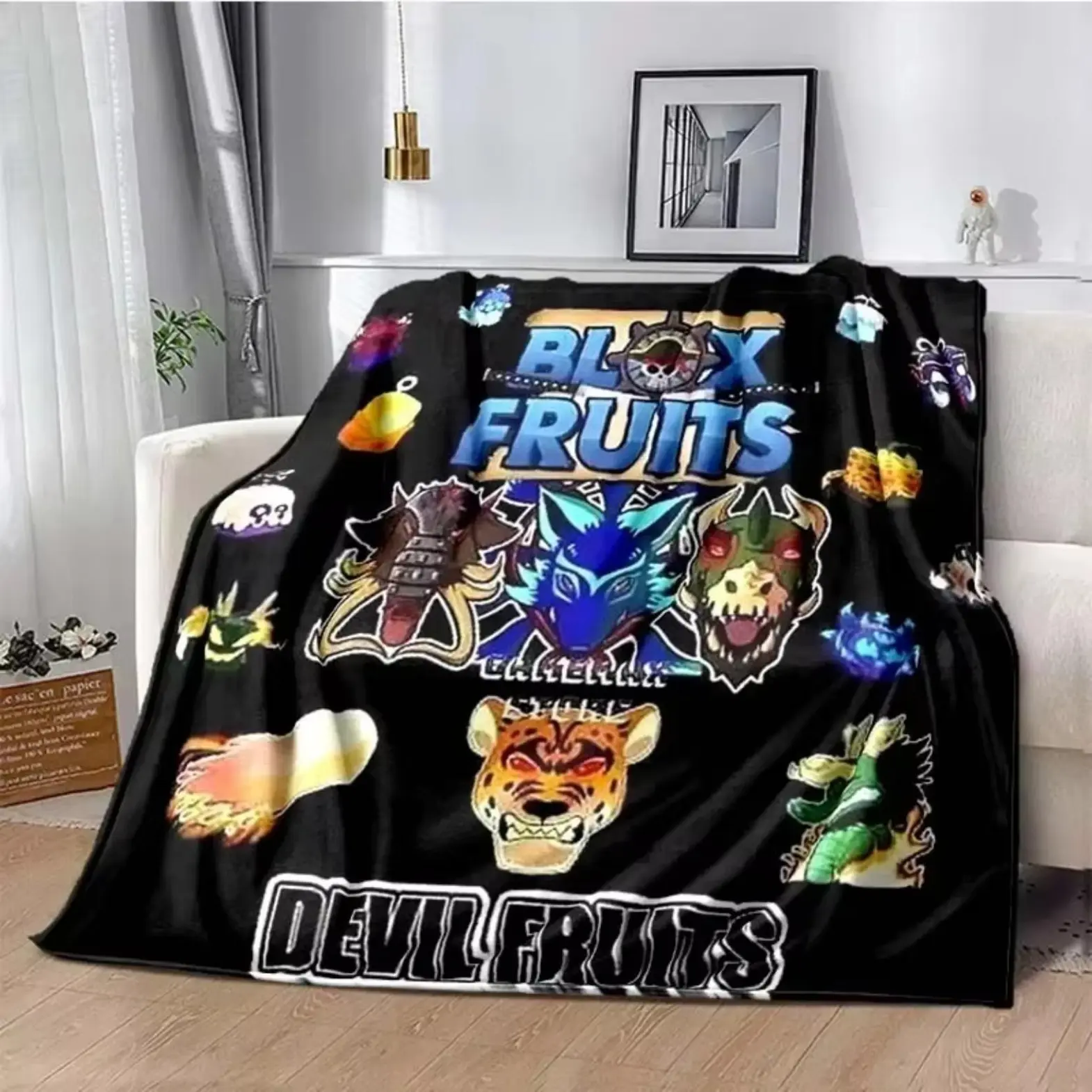 Roblox Blox Fruits Devil Fruit Cartoon Game Printed Flannel Blanket, Soft Cozy Lightweight Kids Throw Blanket, Multi-use Sofa Bed Sheet Travel Camping Quilt, Ideal Boys Birthday Christmas & Halloween Gift for Blox Fruits Roblox Game Fans