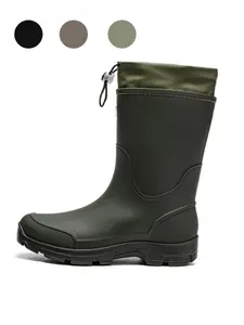 Unisex Two-tone Drawstring Mid-height Rain Boots, Deep Lug Non-slip Work Boots for Fishing & Farm Work