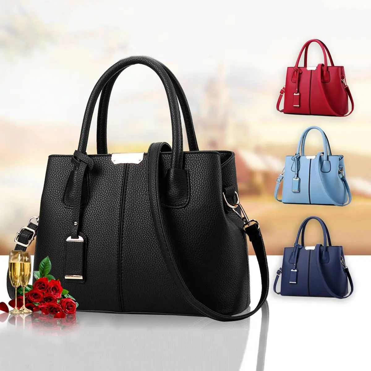 Women's Multi Layer PU Leather Shoulder Bag Solid Color Handbag Large Capacity Zipper Closure Crossbody Bags with Top-Handle for Commuter and Daily Use