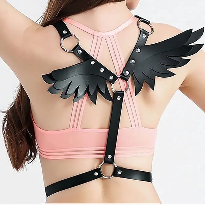 Effortless Black Gothic Dark Angel Leather Wing Body Harness Vest Vintage Punk O Ring Strappy Cage Bra Waist Belt Rave Festival Cosplay Halloween Costume Accessories Women