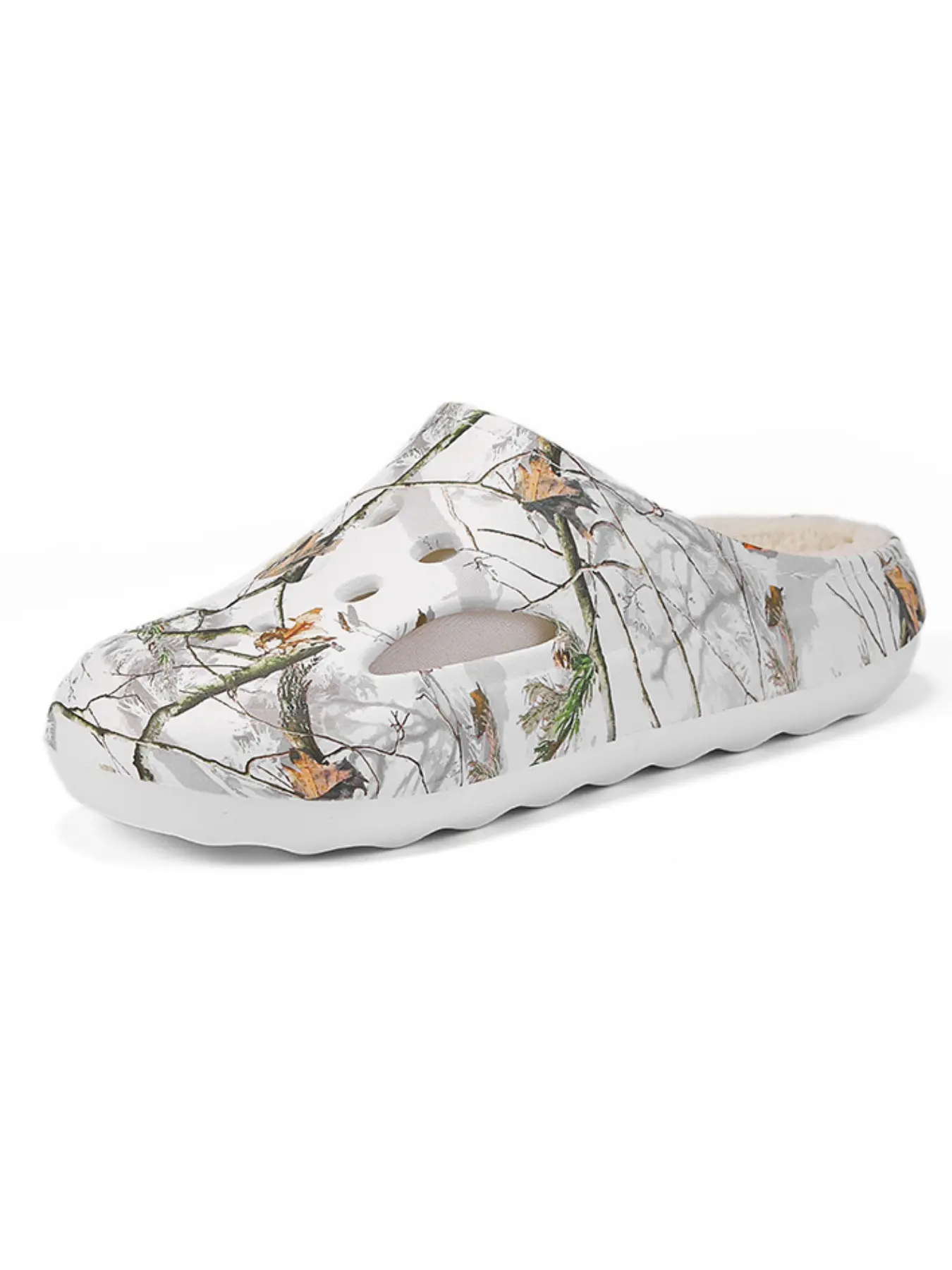 Forest Camo Mule Slippers, Eva One-Piece Design, Breathable Holes, Non-Slip Sole, Warm Fleece Lining, Fall Winter Outdoor Shoes, Camouflage Slippers