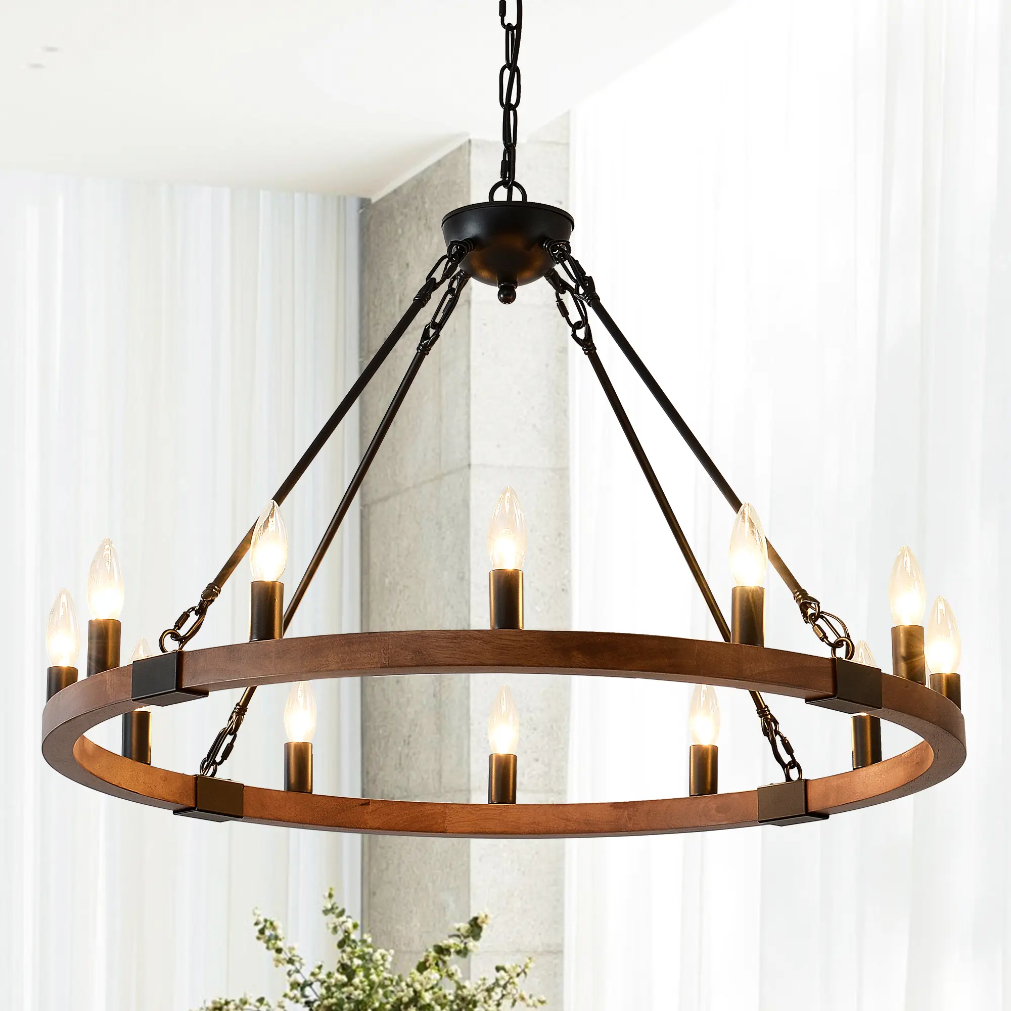 31.5-Inch Wood Wagon Wheel Chandelier, Modern Farmhouse 12-Light Hanging Fixture, Wood & Matte Black Finish, Durable Construction, 12 Bulbs Not Included, for Living Room, Dining Room, Chandeliers
