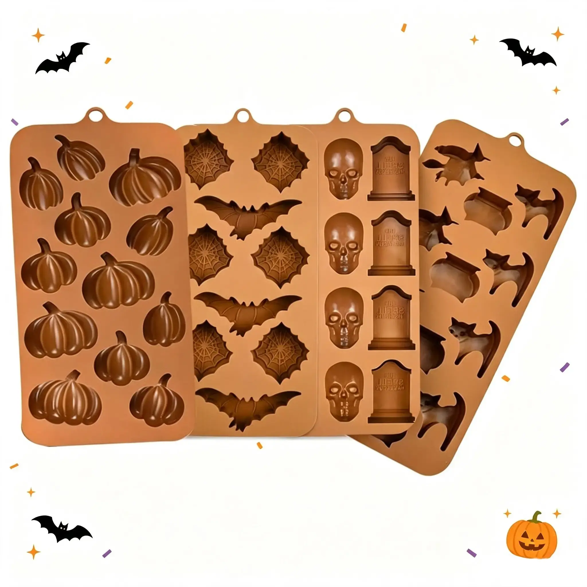 4 Pcs Halloween Silicone Molds, Silicone Cake Molds, Chocolate, Candy, Gummy Molds, Pumpkin Chocolate Molds, Baking Molds, Features Shapes Such as Pumpkin Heads, Spiders, Ghosts, Halloween-Themed, Party Decorations