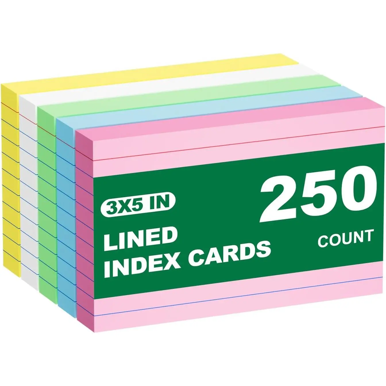 Colored Index Cards 3x5 Inch, 250 Count Ruled Flash Cards for Studying, 50 Pack Of 5, Multilcolor Notecards Lined Flash Cards Bulk, Neon Flashcards Note Cards, 3x5 Index Cards for School, , Office