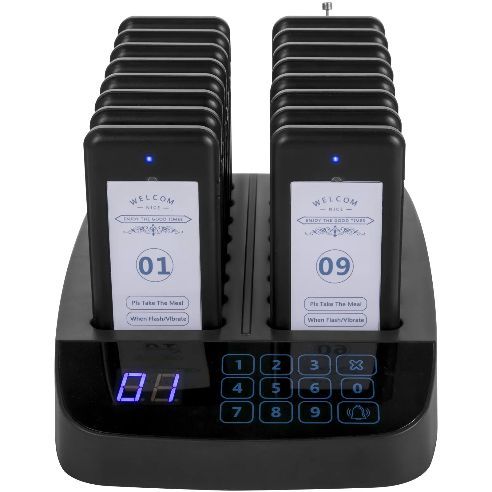 F101 Restaurant Pager System 16 Pagers, Max 98 Beepers Wireless Calling System, Touch Keyboard with Vibration, Flashing and Buzzer for Church, Nurse, Hospital & Hotel