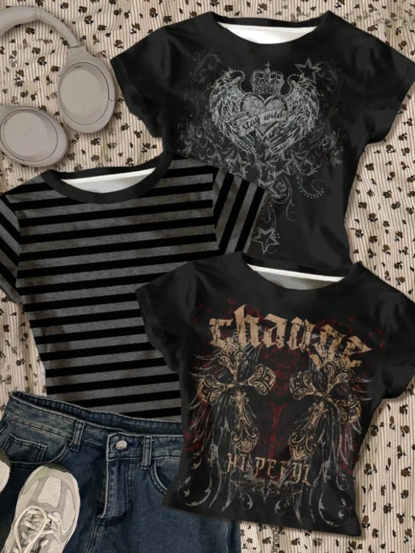 3-Pack Girls' Y2K Style Tight-Fit Short T-Shirts, Gothic Crown Cross Print Striped Tops, Breathable Elastic Vintage Sleeveless Tees