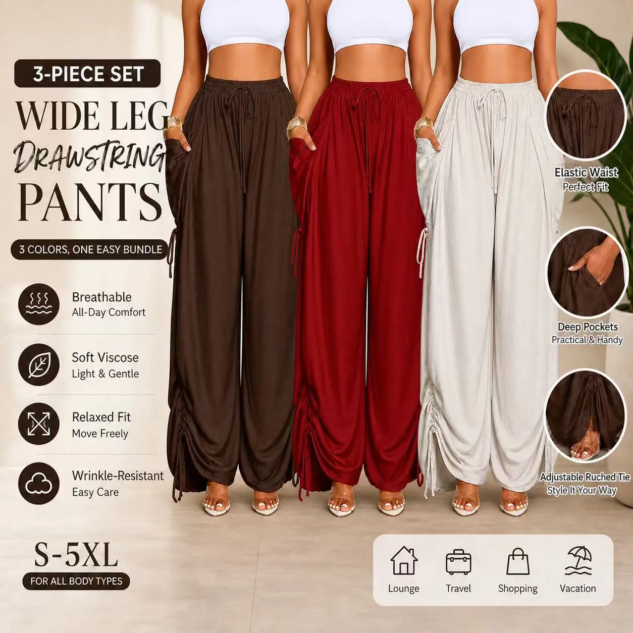 Women’s 3 Piece Wide Leg Pants Set, High Waisted Drawstring Palazzo Pants, Soft Viscose Flowing Trousers with Deep Pockets, Lightweight Breathable Summer Casual Lounge Pants, Loose Fit Travel Vacation Outfit for Women, Elastic Waist Pants S-5XL, 3 Color B