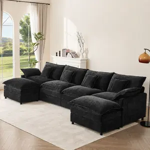 106" Cloud Sectional Boneless Couch with Chaise & Ottoman, L/U-Shape Plush Corduroy Velvet Modern Modular Sofa with Deep Seat, Upholstered Couches for Living Room Bedroom, No Assembly Required