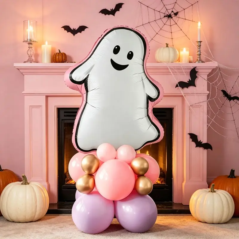 26 pink-edged smiling ghost standing column balloons, Contains ghost  Balloon ，pink, purple, gold latex balloons, Perfect for Halloween Party Decorations，Halloween Indoor Outdoor Decorations，Parent-Child Halloween Fun Activity
