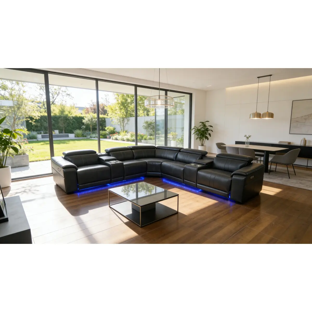 Power Recliner Sectional Sofa with Bluetooth Speakers, L-Shaped Living Room Furniture Set with Wireless Charging, LED Lights, Storage Console & Cup Holders, Living Room Furniture