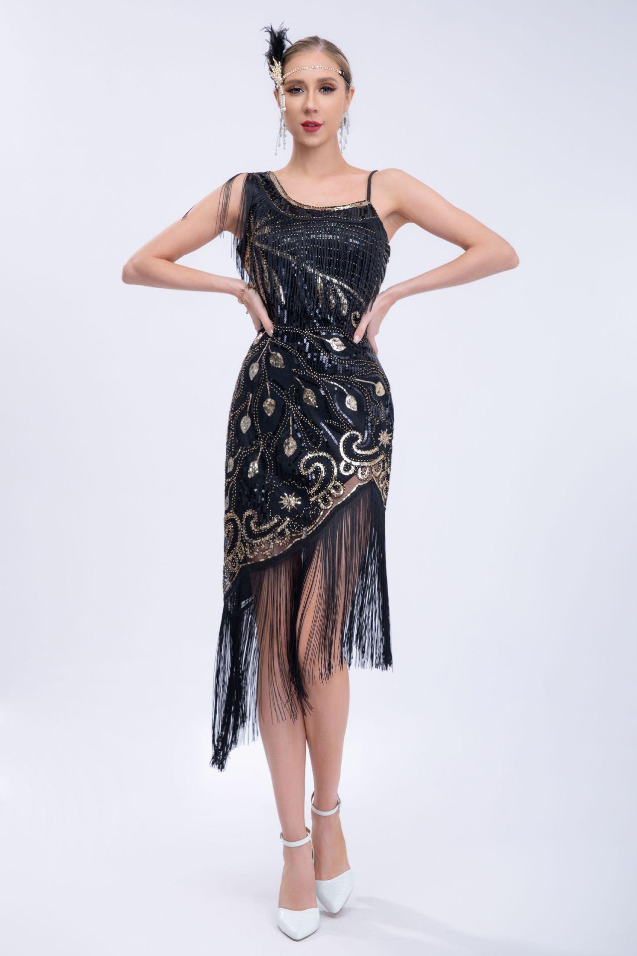1920s Vintage Sequin Fringe Dress – Western Ballroom Midi Evening Gown, Glamorous Roaring 20s Party Dress