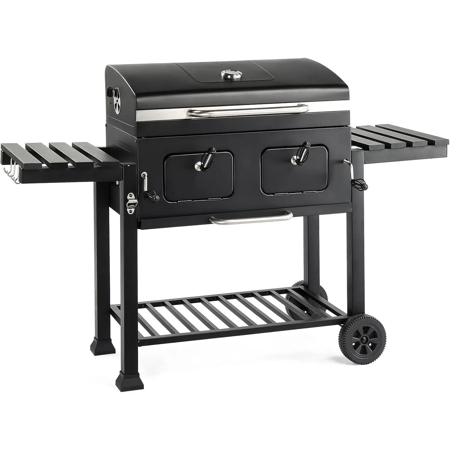 Charcoal Grill with Two Side Tables, Extra Large Cooking Area, Two Individual Lifting Charcoal Trays, Pull-out Ash Tray, Perfect BBQ Grill for Outdoor Picnic, Black