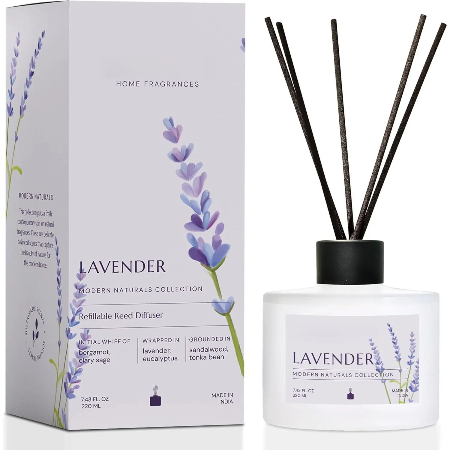 Reed Diffuser Set – Lavender | 7.43 oz Refillable Scented Oil with 6 Fiber Sticks | Long-Lasting    Air Freshener for Bedroom, Bathroom, Office |   Décor