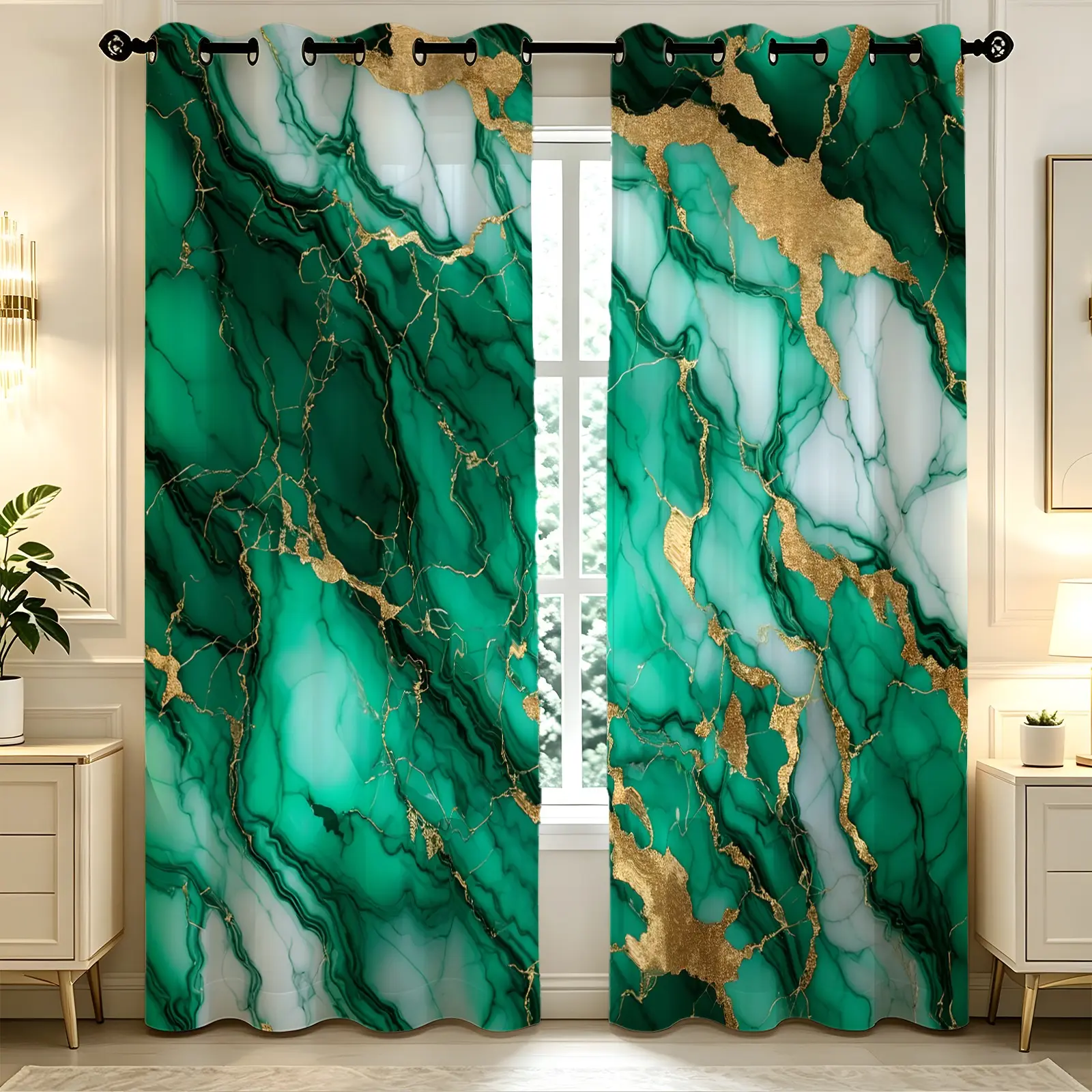 2-Piece Emerald Green Gilded Marble Light Luxury Blackout Window Curtains Window Drapes Suitable For Bedrooms, Living Rooms, Bathrooms, Kitchens, Guest Rooms, and Villas. Versatile Soft Furnishings With 50%–70% Light Blockage. Window Curtain Panels