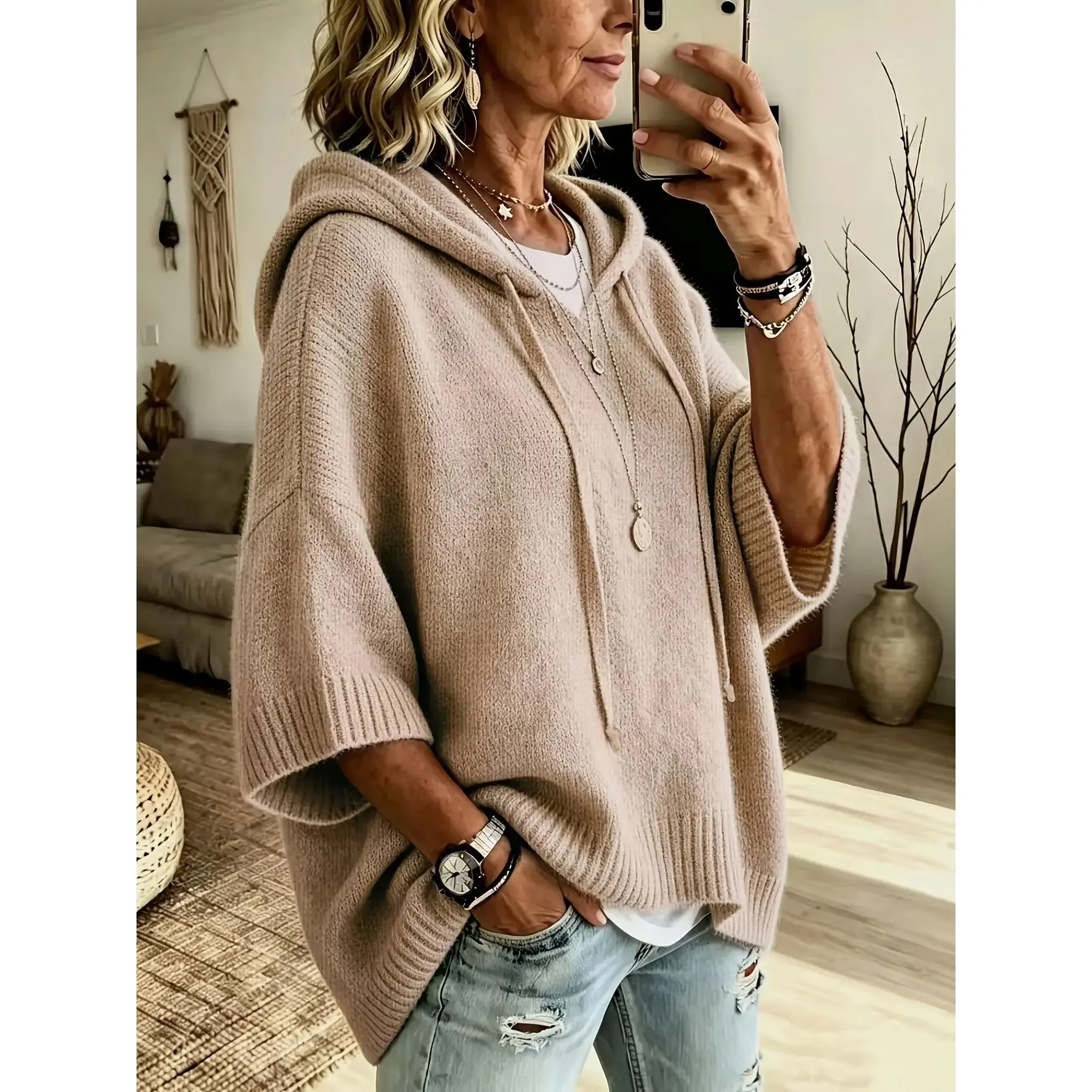 Plus Size - Women'S Casual Drawstring Hooded Sweatshirt, Classic Versatile Hooded Top Elegant Ladies, Loose Fit Comfortable Sweatshirt, Suitable for Women with Graceful Curves in Spring And Autumn, Ideal for Commute And Casual Wear