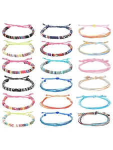 18 Pcs Boho Wax String Bracelets, Ankle Bracelets Set, for Women Men Handmade Adjustable Braided Woven Rope Multipack Multi-Strand Wax Cord Tie Knot Adjustable Design Summer Beach Friendship Jewelry Ideal Bulk Holiday Gift