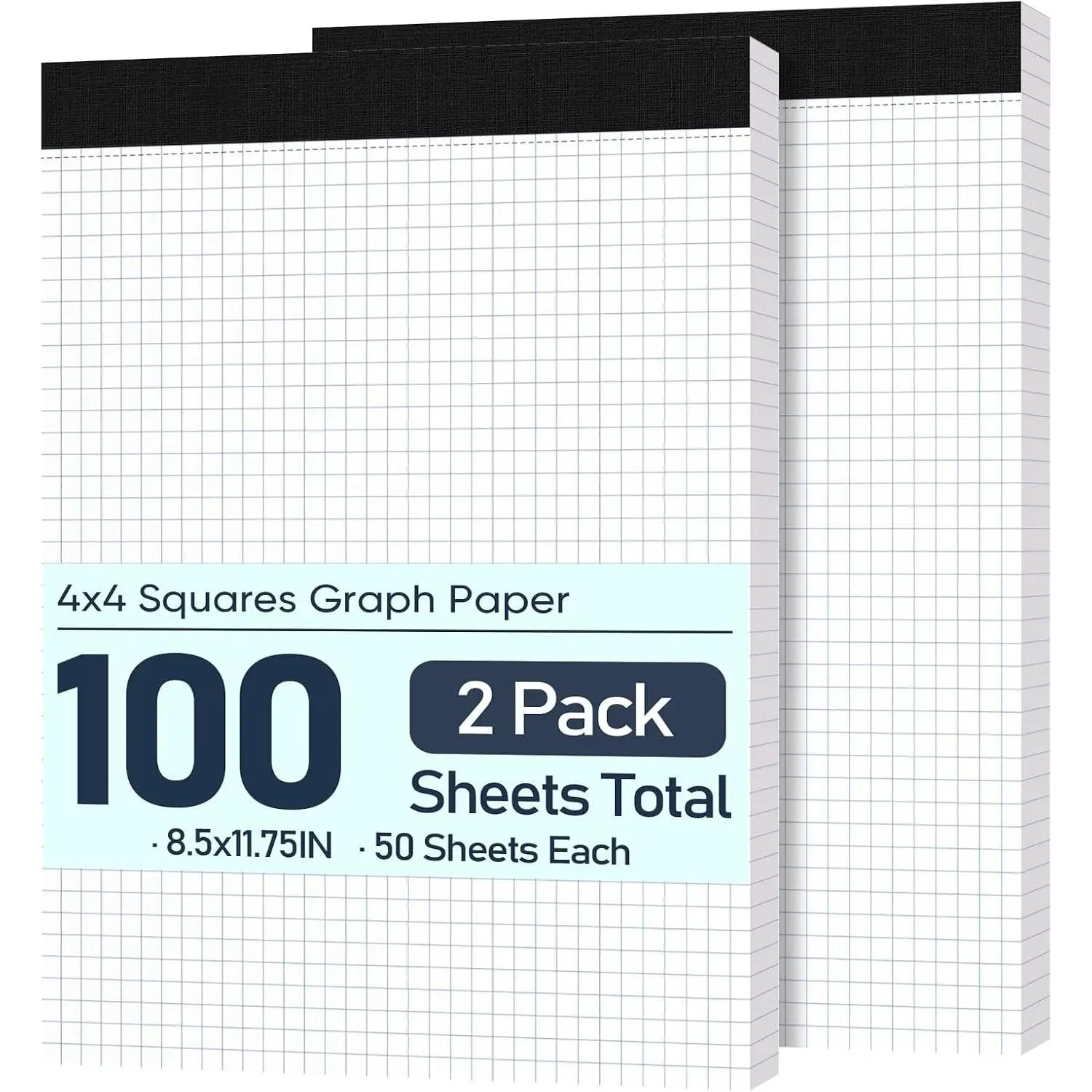 2 Pack Graph Paper 8.5 x 11, 4x4 Quad Grid, 50 Sheets/Pad - Blue Line Quad Ruled Drafting Paper for Math, Notes & Design