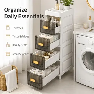 Slim storage cabinet with drawers, waterproof PP bathroom storage cabinet, narrow-gap space-saving storage shelf, suitable for organizing kitchen, bathroom, personal care products, toiletries, and small items