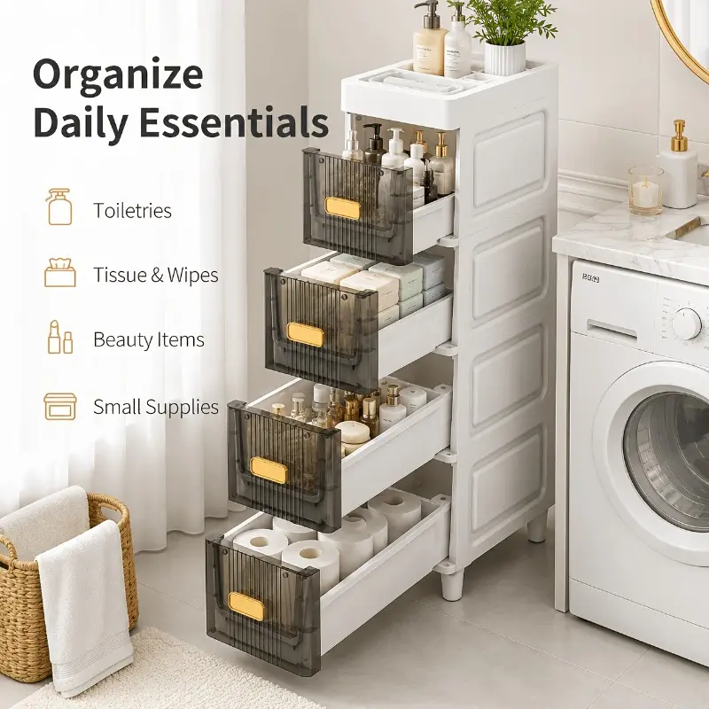 Slim storage cabinet with drawers, waterproof PP bathroom storage cabinet, narrow-gap space-saving storage shelf, suitable for organizing kitchen, bathroom, personal care products, toiletries, and small items, Drawer Organizer Cabinet